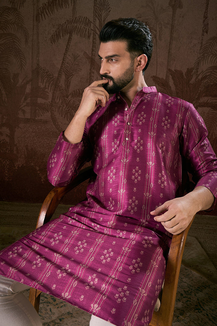 Mens Purple Silk Blend Floral Printed Straight Kurta