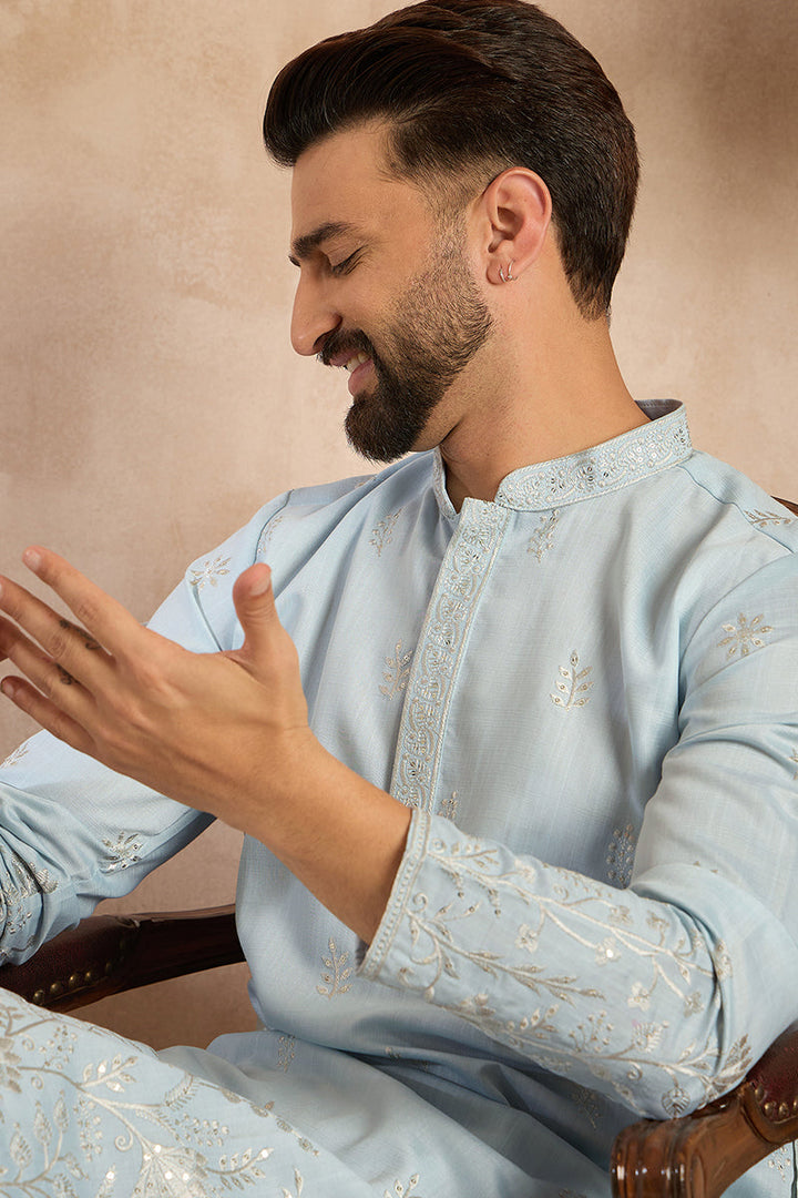 Mens Blue Silk Blend Solid Embroidered Straight Kurta
