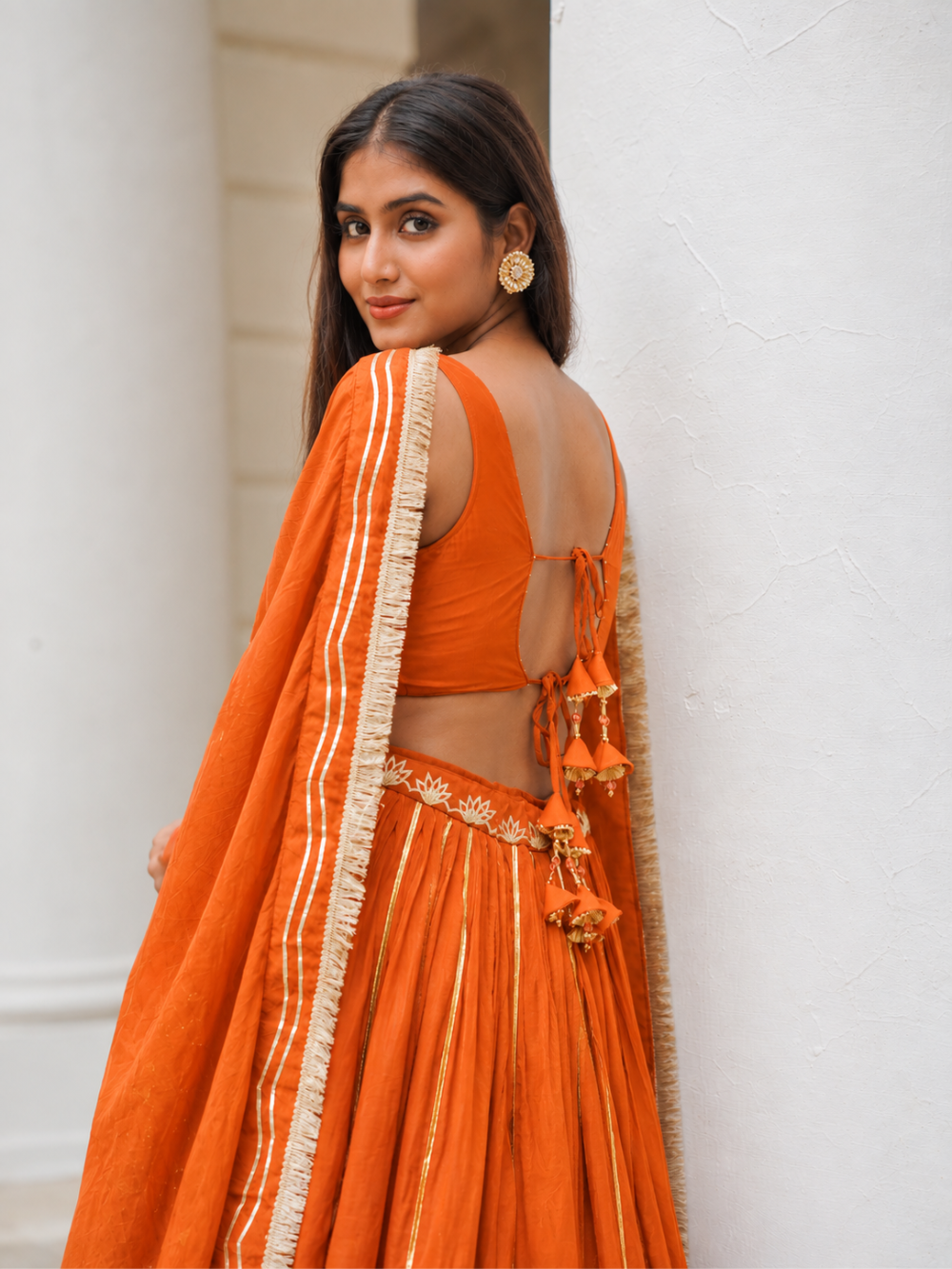 Orange Silk Sleeveless Lehenga Set