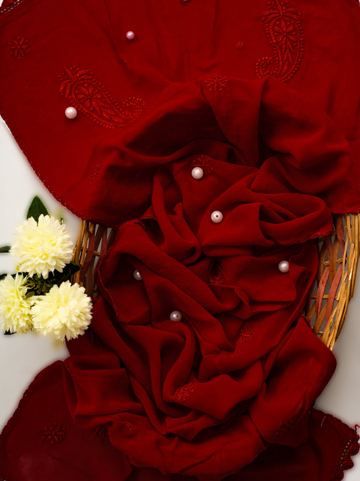 Red Poly Georgette Floral Chikankari Handloom Dupatta