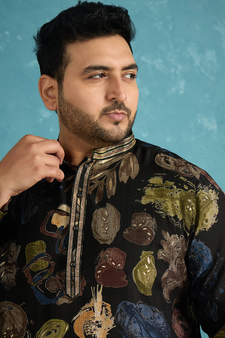 Mens Black Silk Blend Abstract Printed Kurta