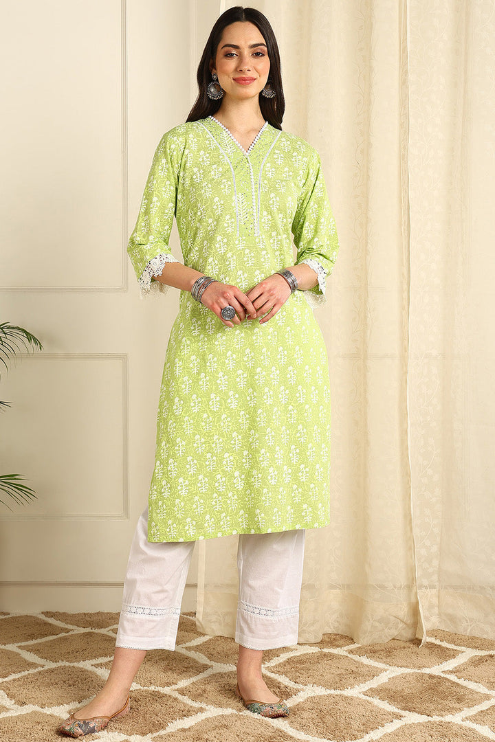 Parrot-Green-Cotton-Printed-Straight-Kurta