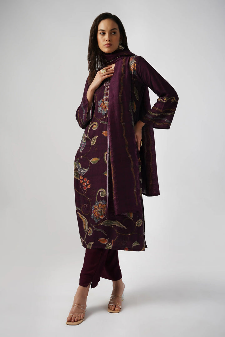 Deep Purple Pure Pashmina Wool Designer Suit Set