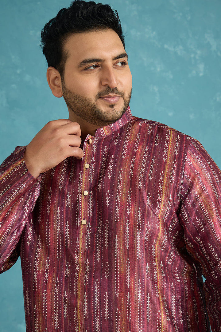 Mens Purple Silk Blend Striped Printed Kurta