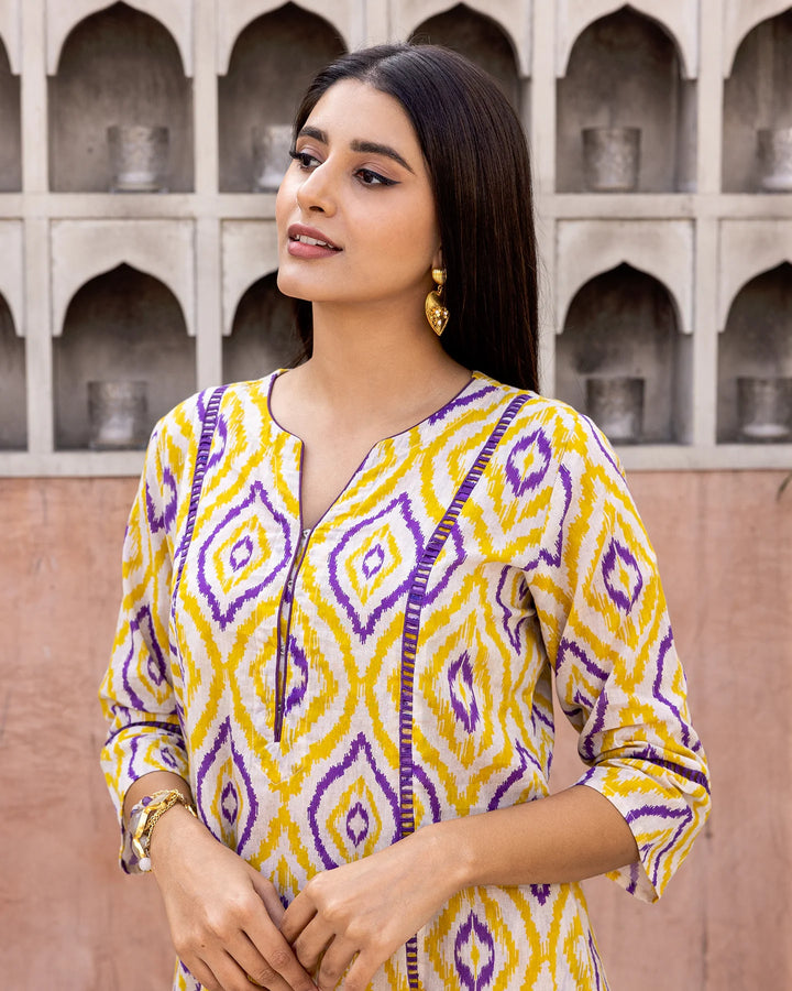 Yellow-Cotton-Ikat-A-Line-2-Piece-Kurta-Set