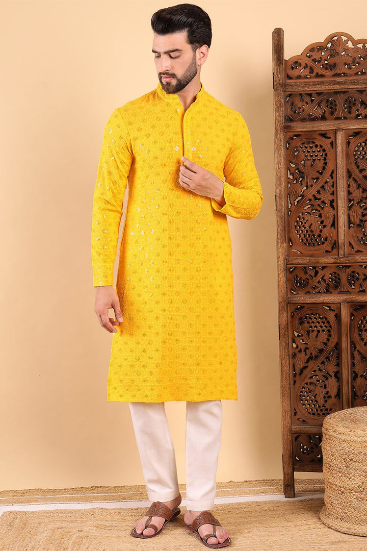 Mens Yellow Viscose Rayon Solid Embroidered Straight Kurta with Trousers