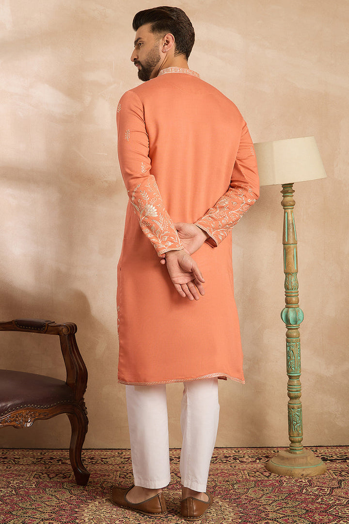 Mens Peach Vartican Solid Embroidered Straight Kurta With Trouser