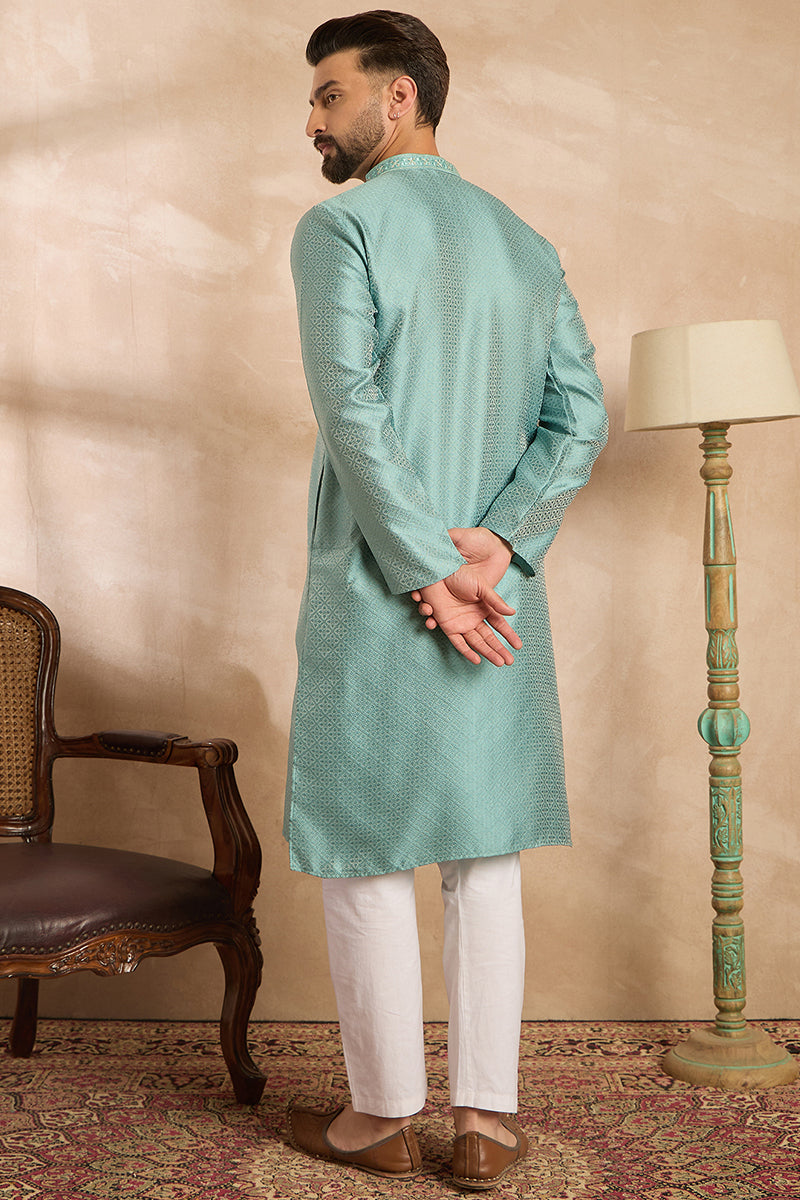 Mens Green Polyester Solid Embroidered Straight Kurta With Trouser