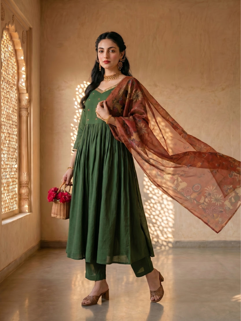 Green suit & pink kalamkari dupatta