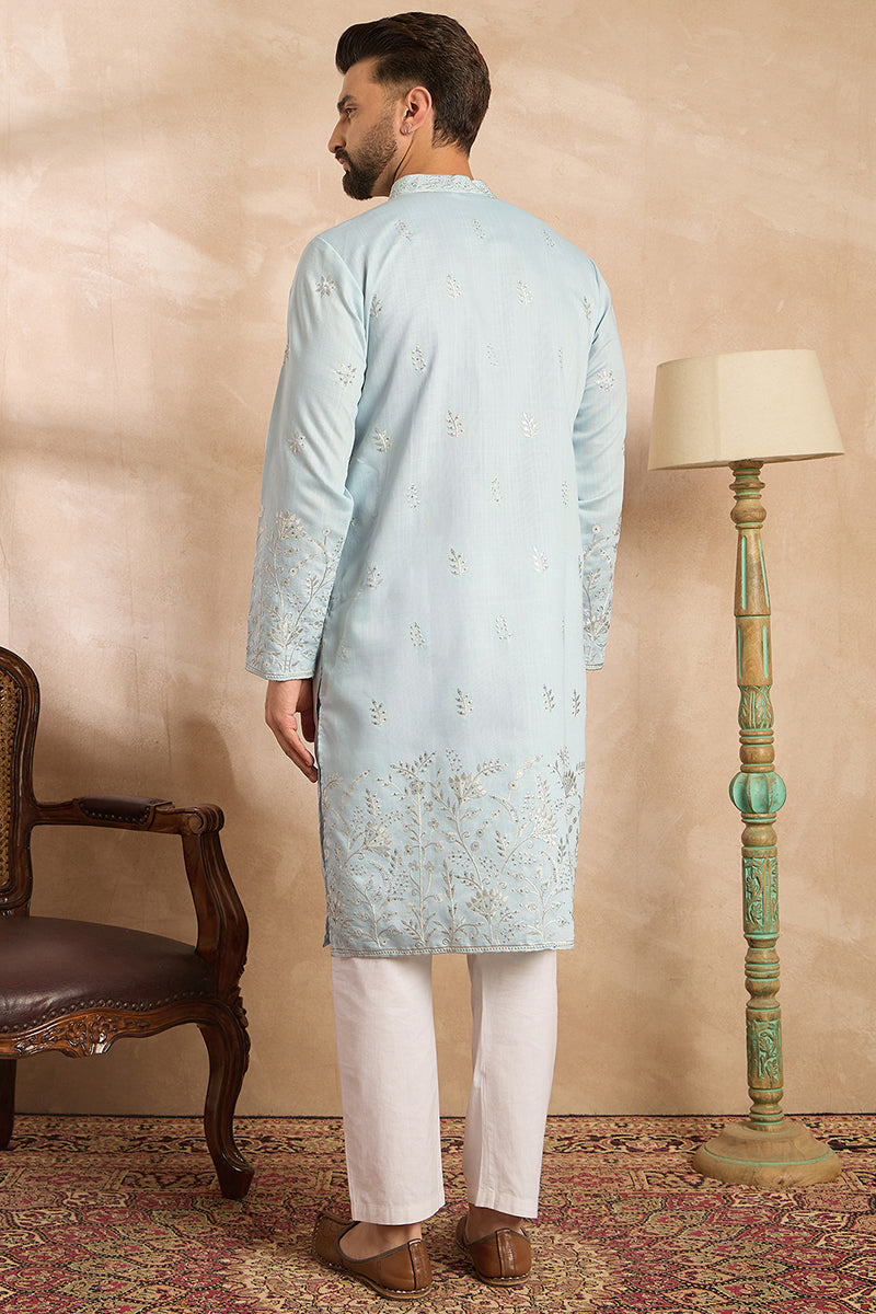 Mens Blue Silk Blend Solid Embroidered Straight Kurta