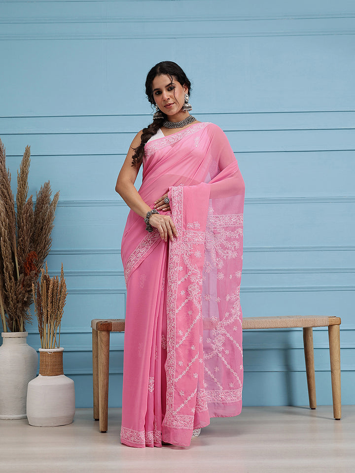 PInk & White Georgette Hand Embroidered Chikankari Saree