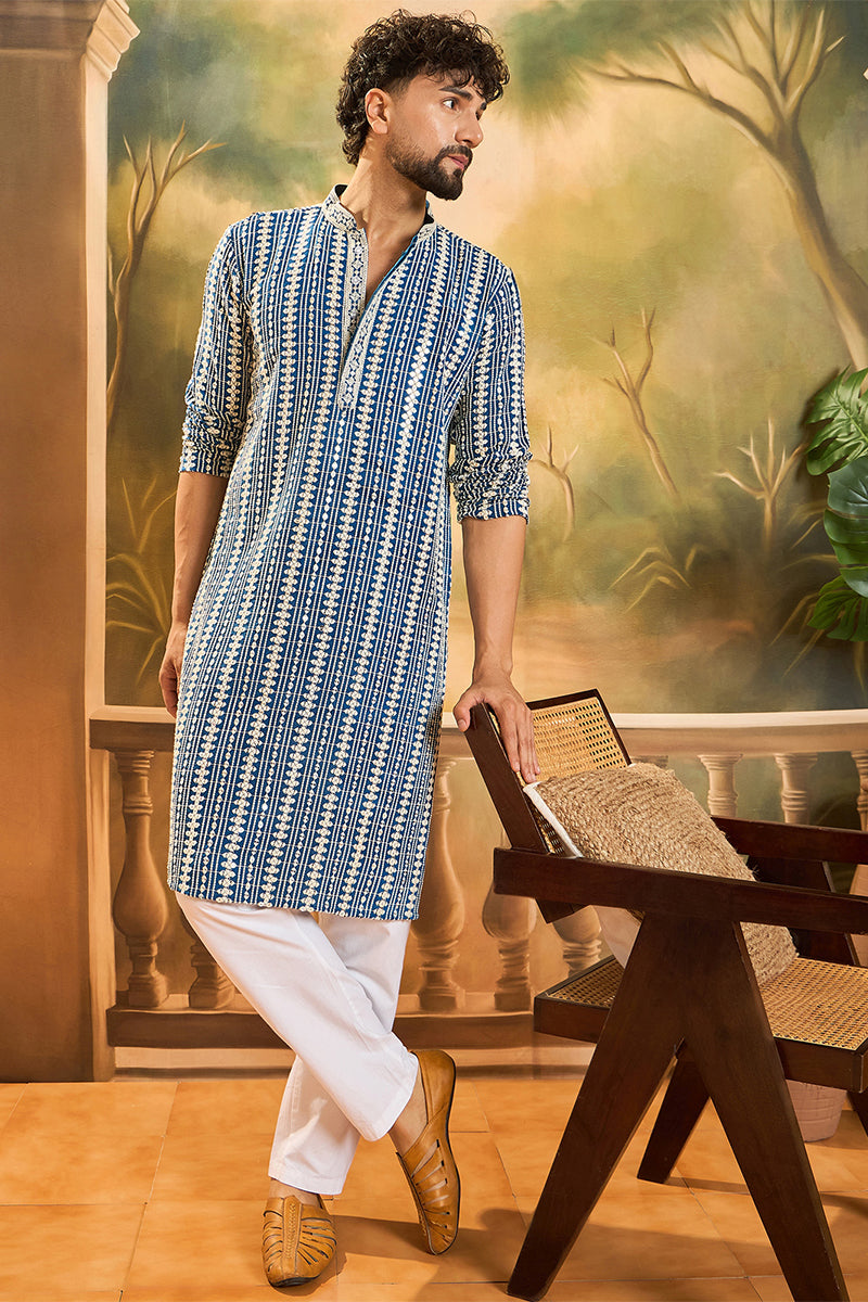 Mens Blue Viscose Rayon Embroidered Straight Kurta
