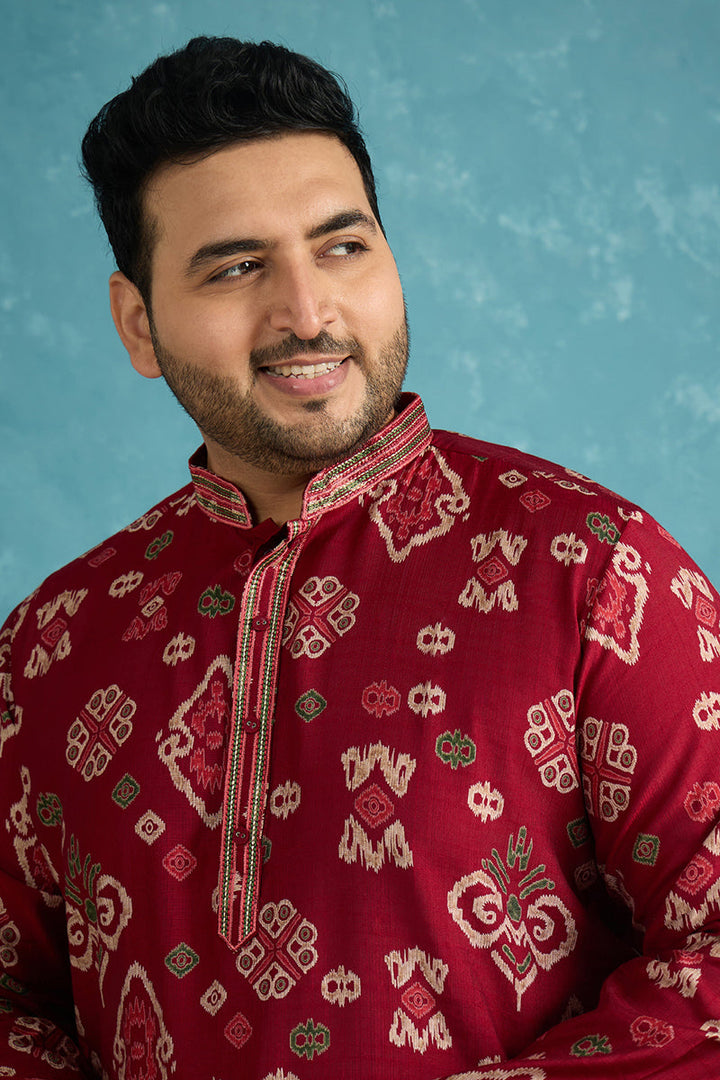 Mens Red Silk Blend Abstract Printed Kurta