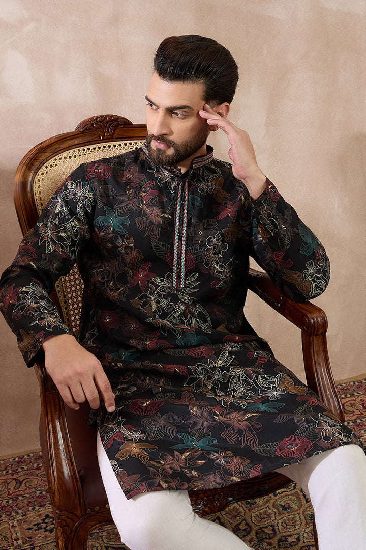 Mens Black Silk Blend Printed Mandarin Collar Straight Kurta