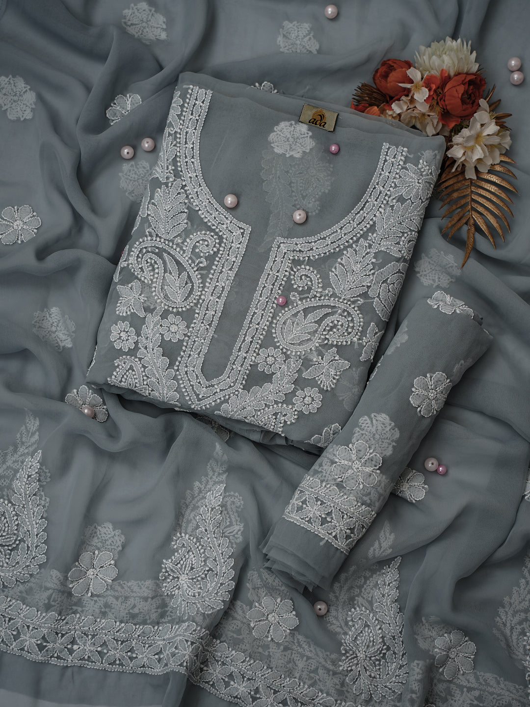Grey Chikankari Unstitched Dress Material