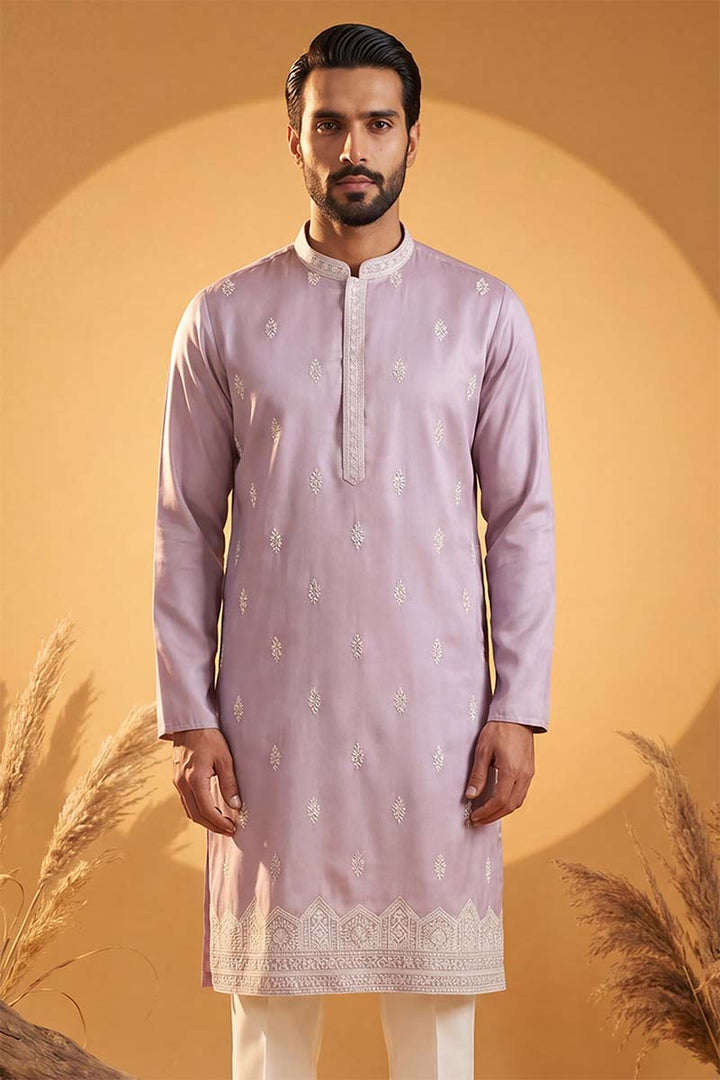 Mens Lavender Silk Blend Solid Embroidered Kurta