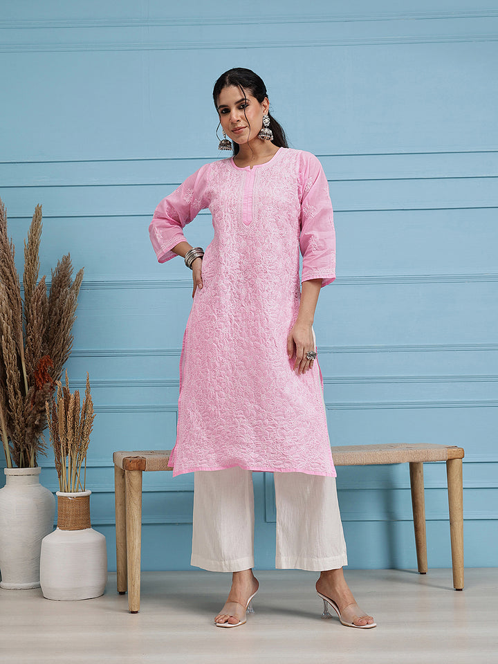 Hand Embroidered Pink Lucknow Chikan Kurta