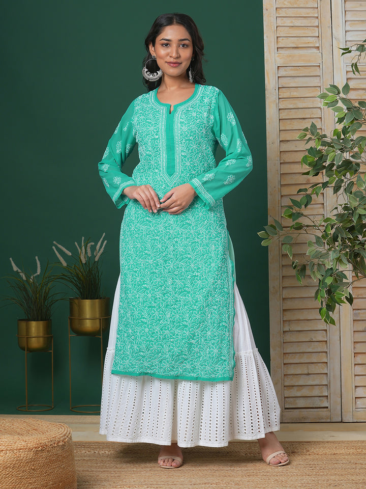 Sea Green Georgette Lucknow Chikan Kurta Only