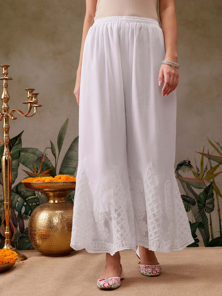 White Georgette Flared Chikankari Embroidered Palazzo