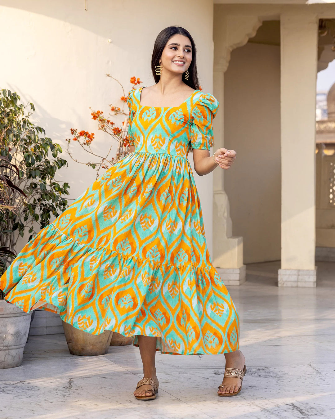 Teal-Green-Cotton-Ikat-Maxi-Dress