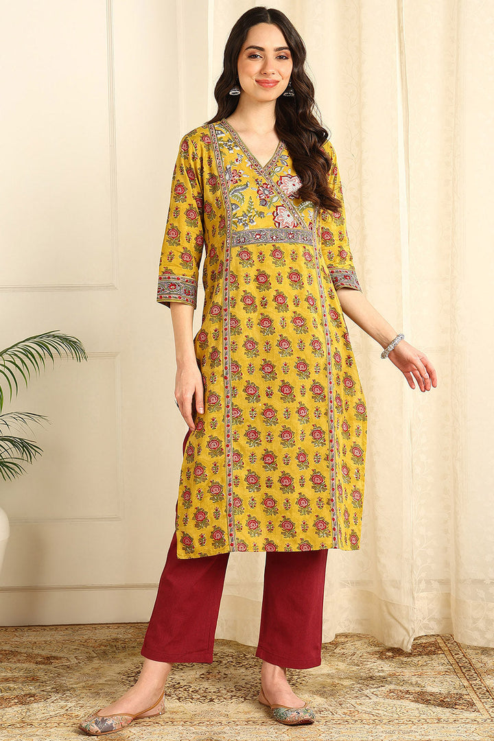 Mustard-Yellow-Cotton-Printed-Straight-Sanganeri-Kurta