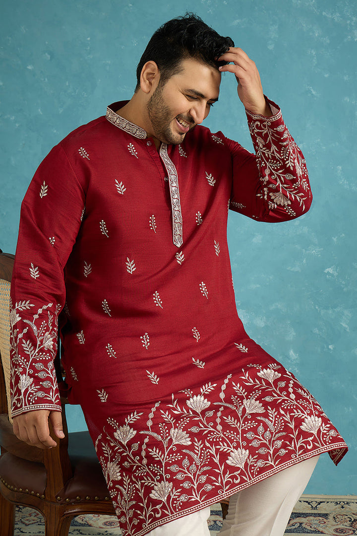Mens Maroon Silk Blend Solid Thread Work Embroidered Kurta