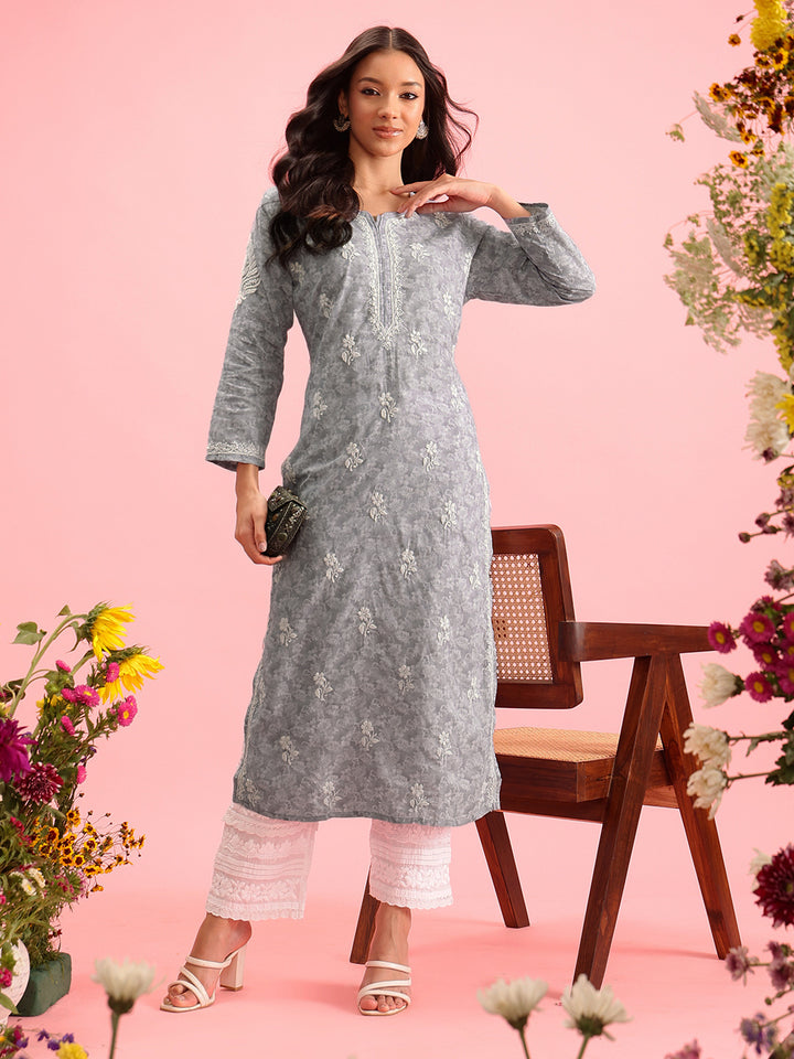 Grey Cotton Lucknow Chikankari Kurta