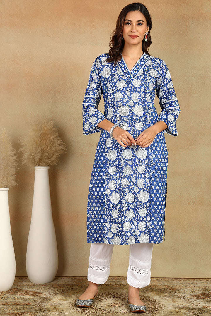 Blue-&-White-Cotton-Hand-Block-Print-Straight-Bagru-Kurta