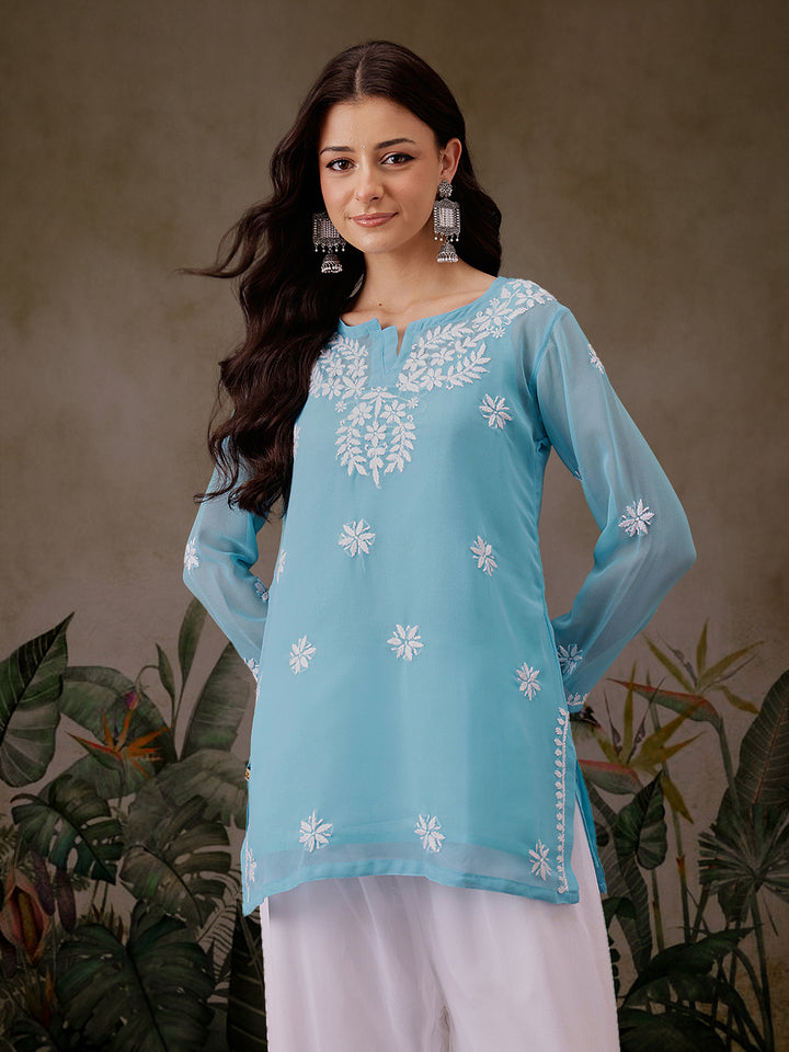 Sky Blue Poly Georgette Boho Tunic with Slip