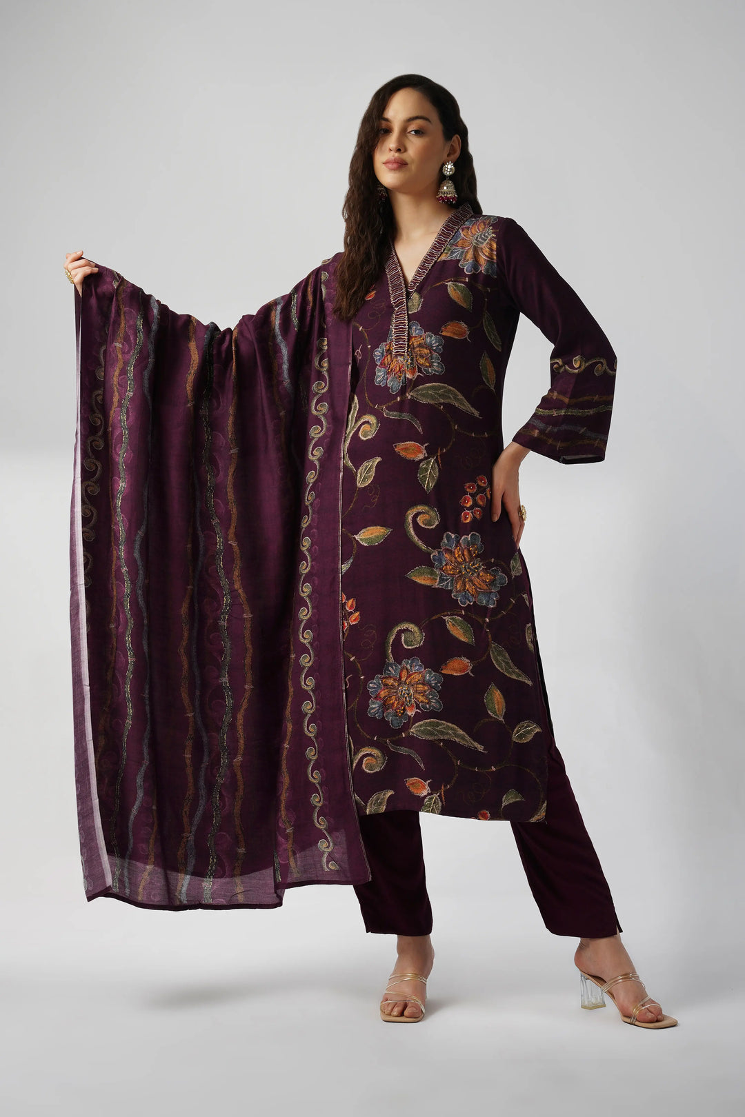 Deep Purple Pure Pashmina Wool Designer Suit Set