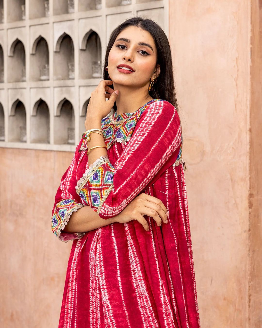 Red-Muslin-Tie-Dye-Gathered-2-Piece-Kurta-Set