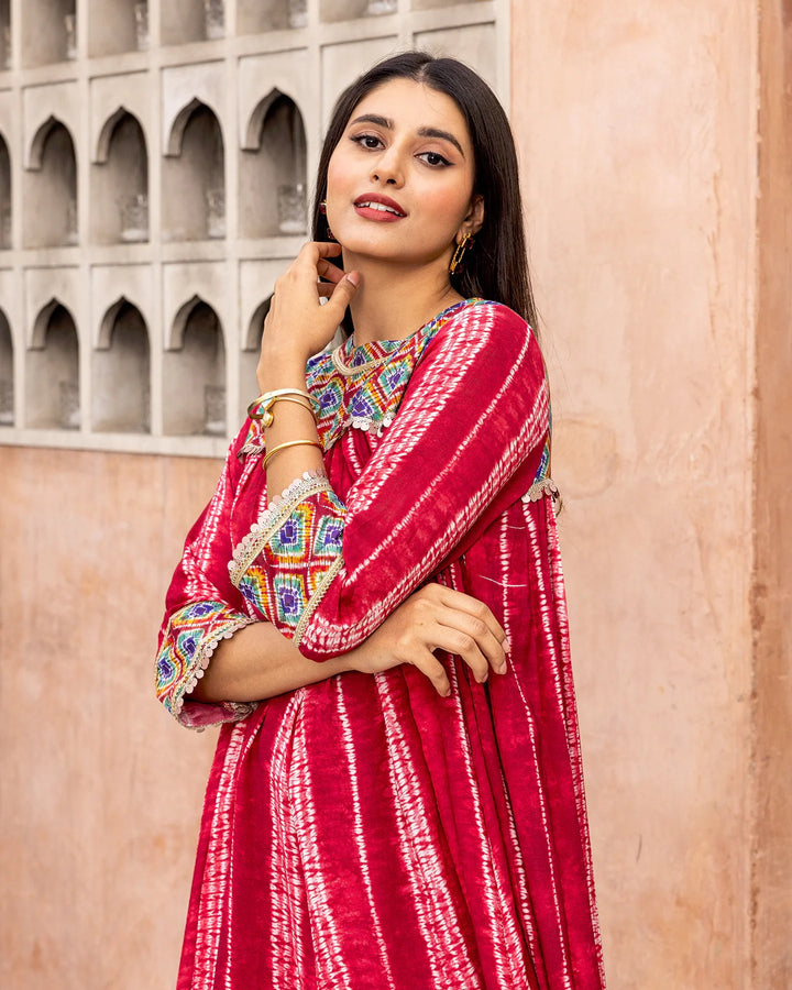 Red-Muslin-Tie-Dye-Gathered-2-Piece-Kurta-Set