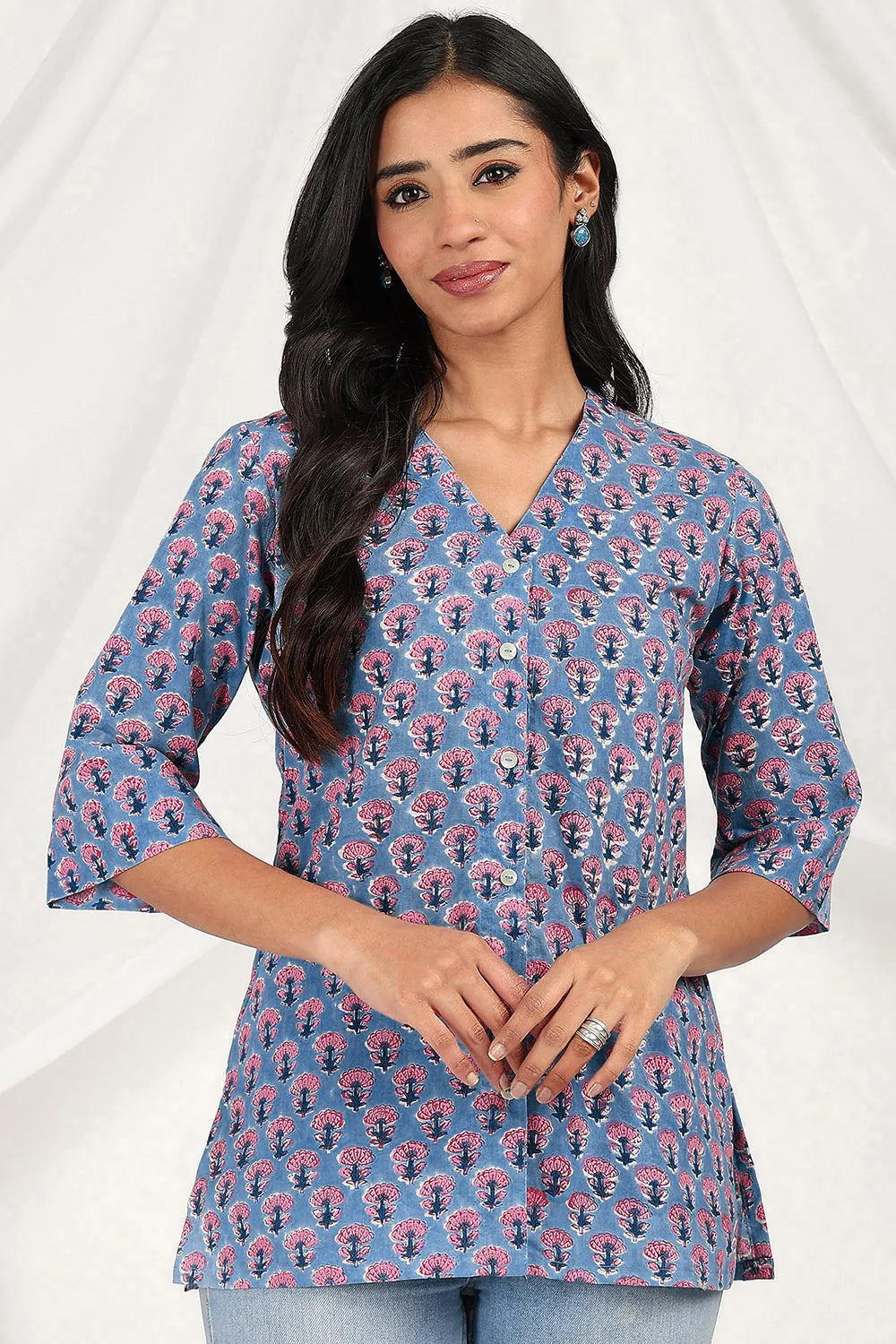 Blue-Cotton-Straight-Sanganeri-Tunic