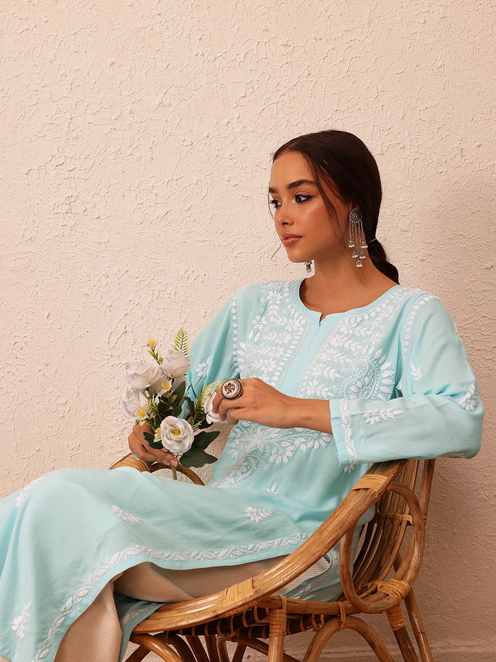 Sky Blue Rayon Chikankari Motif Straight Kurta