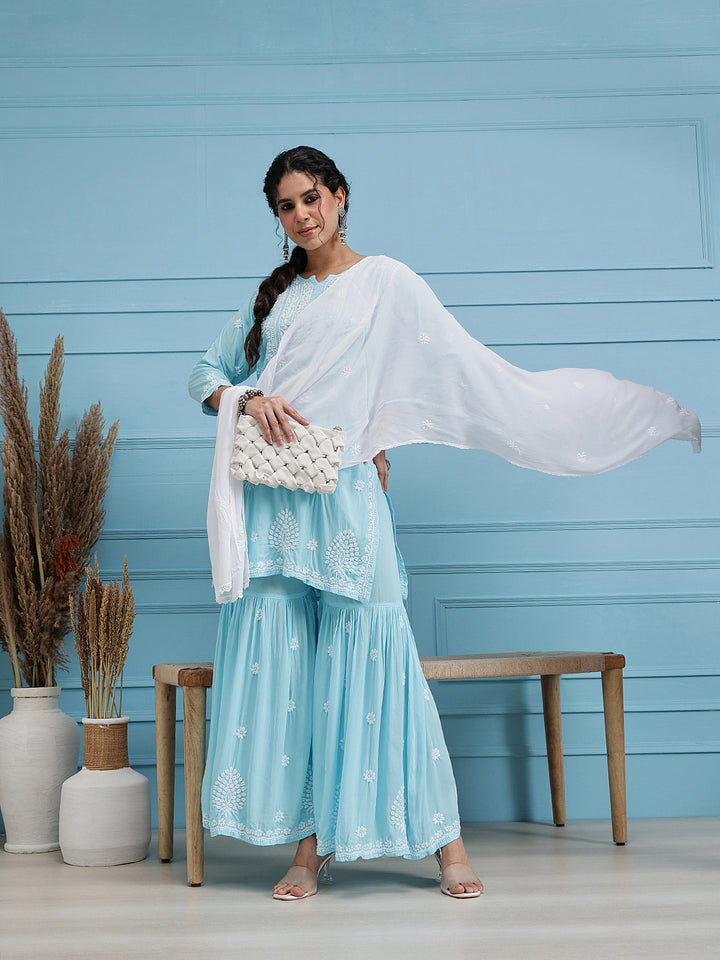 White Poly Georgette Floral Chikankari Handloom Dupatta