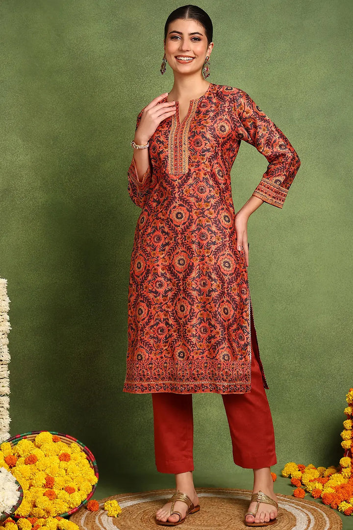 Rust-Chanderi-Silk-Hand-Embroidered-Kurta