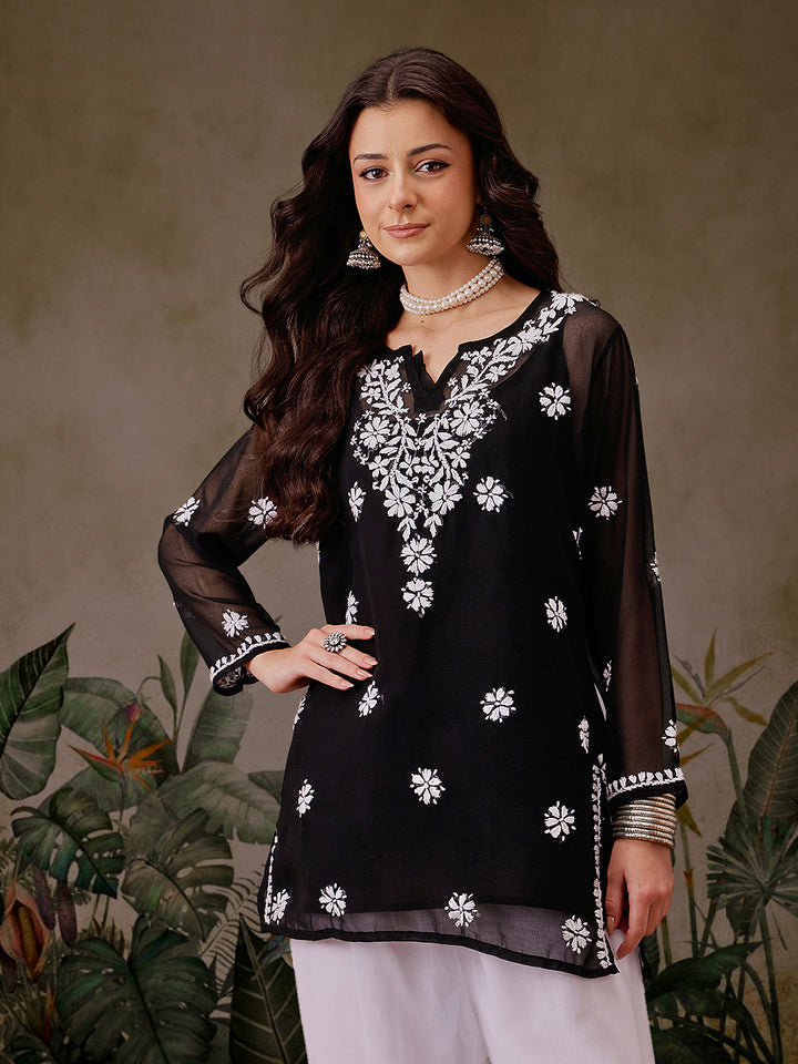 Black Georgette Ghaspatti Chikan Tunic Kurti & Slip