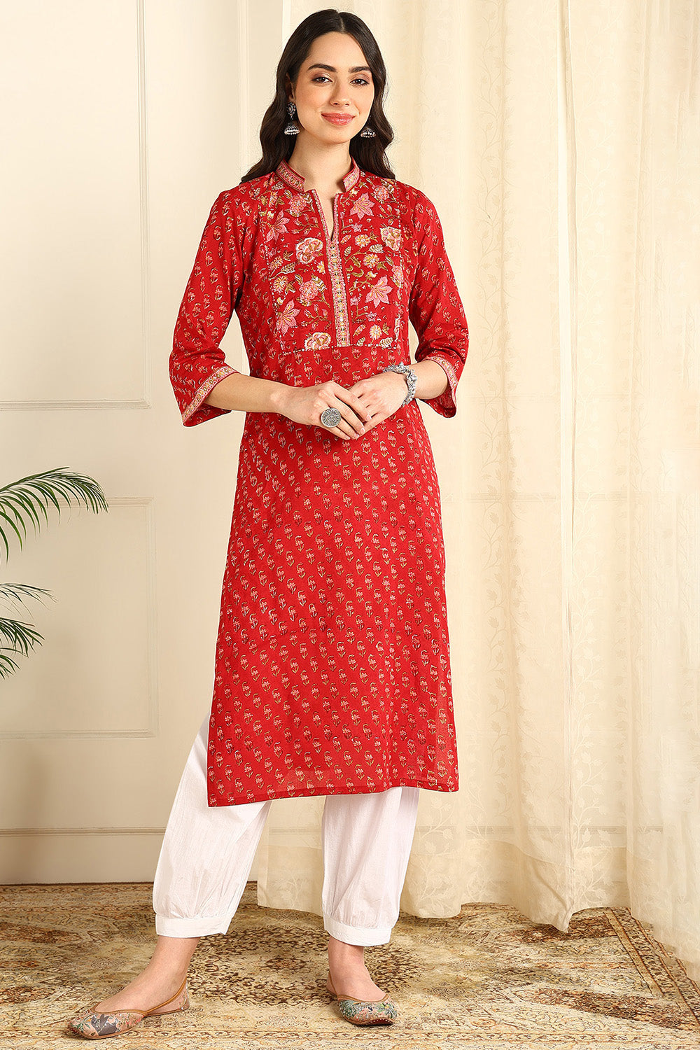 Red-Cotton-Sanganeri-Straight-Kurta