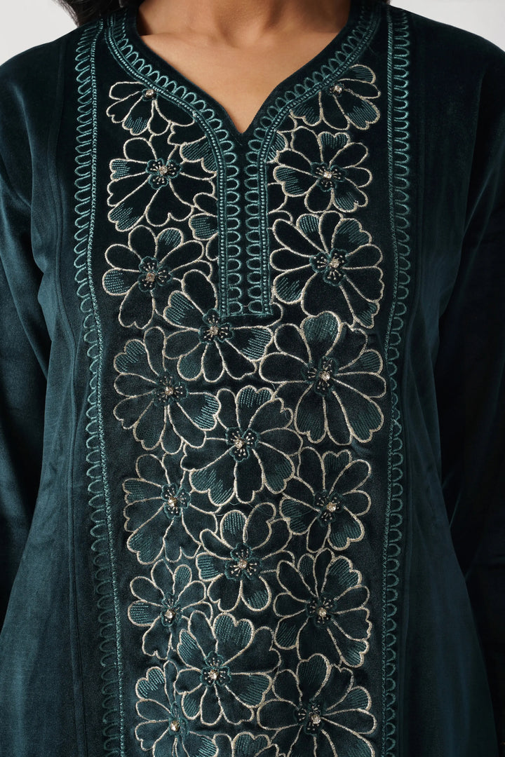 Peacock Green Velvet Floral Hand Embroidered Suit Set