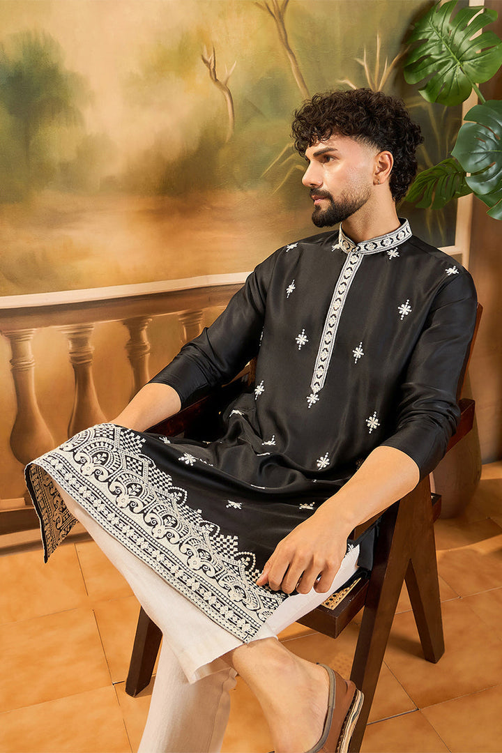Mens Black Silk Blend Solid Embroidered Straight Kurta
