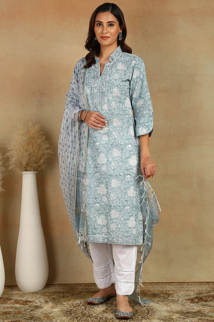 Grey-&-White-Cotton-Hand-Block-Printed-Straight-Bagru-Kurta