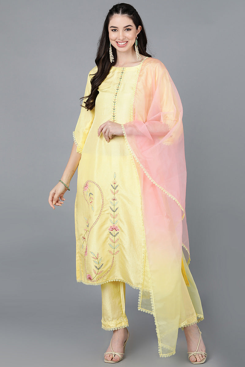 Yellow-Poly-Silk-Straight-3-Piece-Kurta-Set