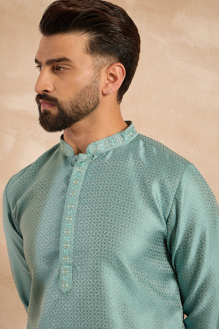 Mens Green Polyester Solid Embroidered Straight Kurta With Trouser