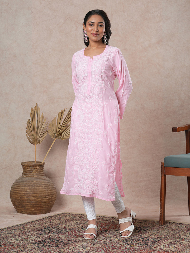 Hand Embroidered Lucknowi Chikankari Pink & White Cotton Kurta