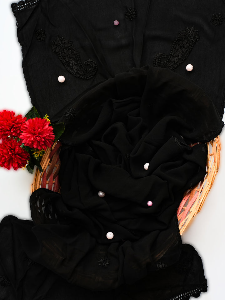 Black Poly Georgette Floral Chikankari Handloom Dupatta