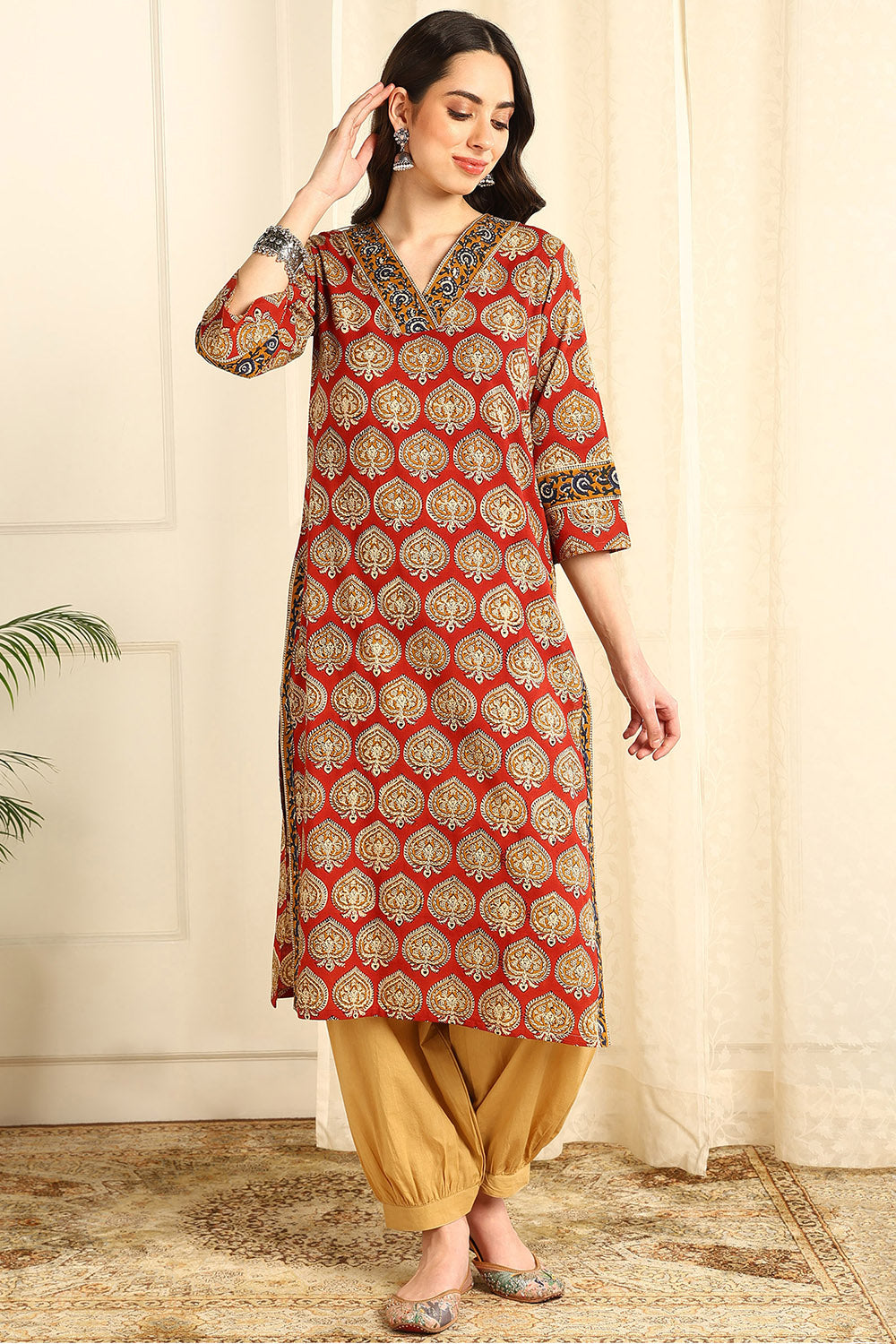 Maroon-Cotton-Straight-Bagru-Kurta