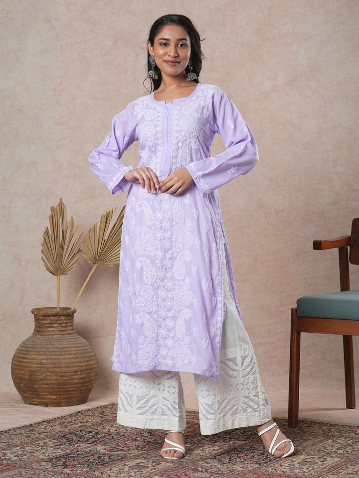 Hand Embroidered Lucknowi Chikankari Mauve & White Cotton Kurta