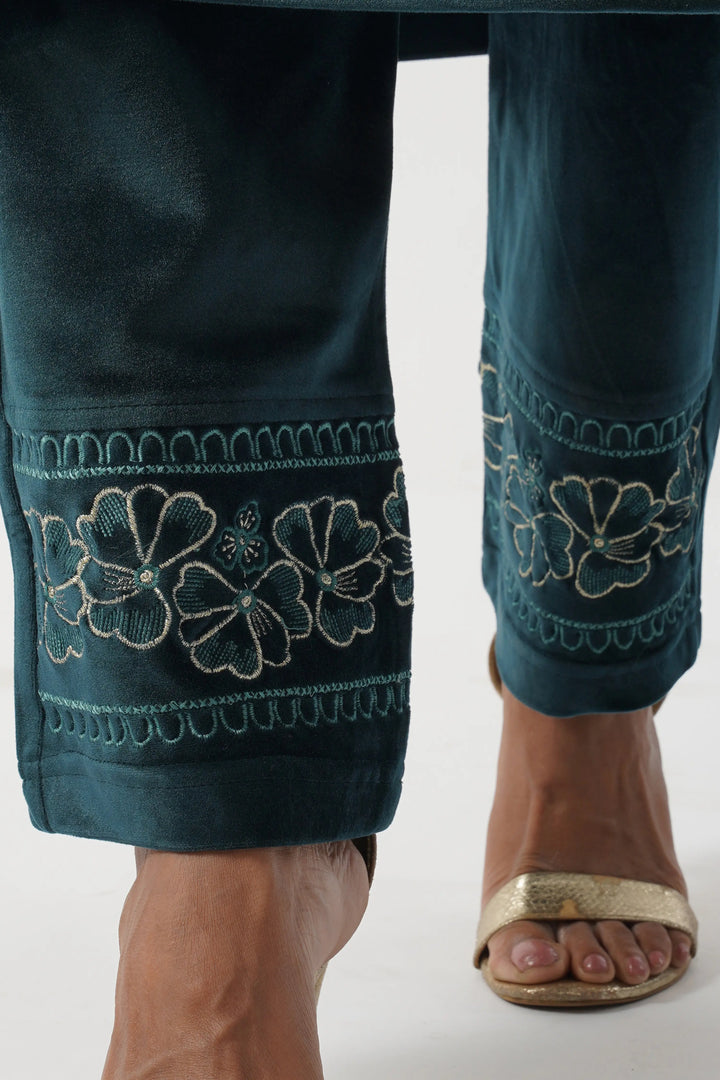 Peacock Green Velvet Floral Hand Embroidered Suit Set