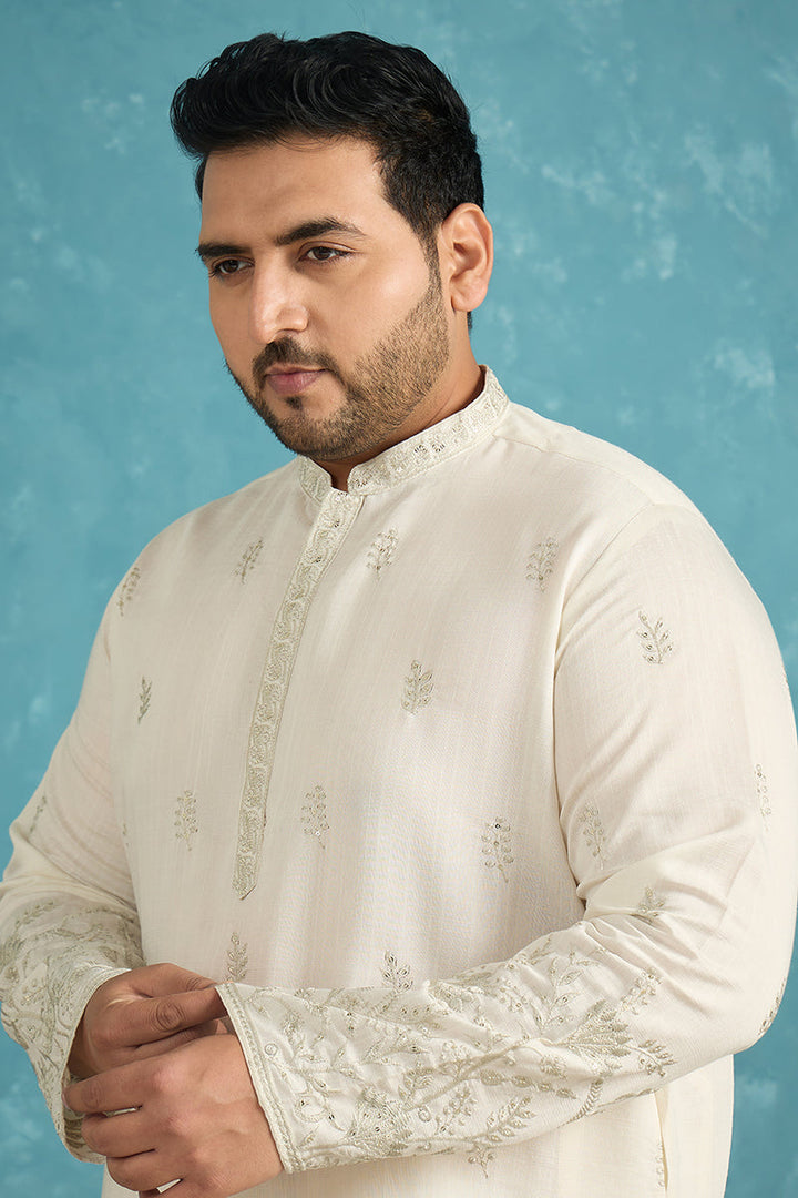 Mens White Silk Blend Floral Thread Work Embroidered Kurta