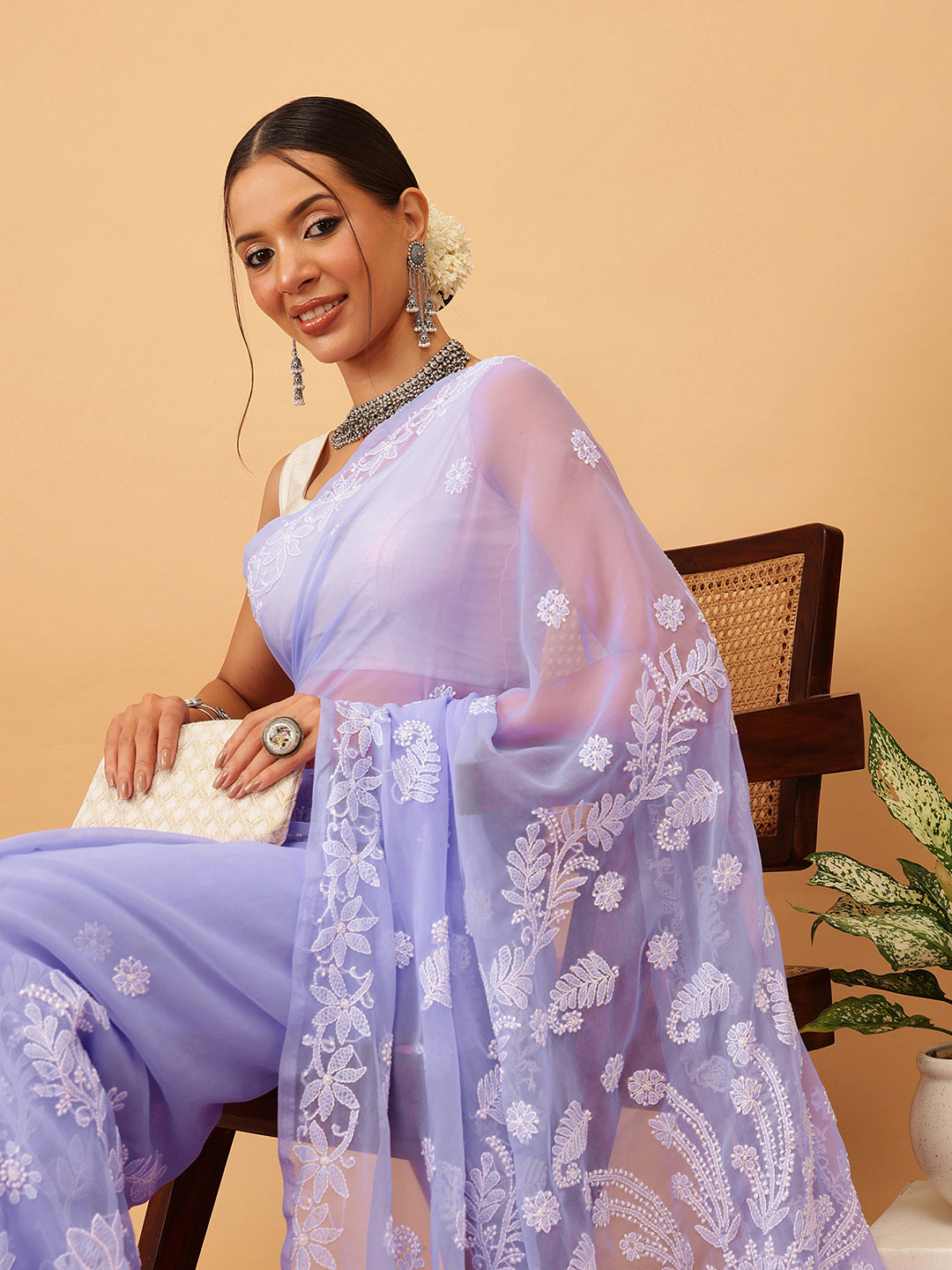 Mauve Poly Georgette Embroidered Chikankari Saree